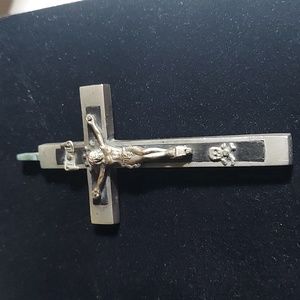 Antique Crucifix Cross Germany Skull Crossbones Metal Ebony Wood Inlay Pendant